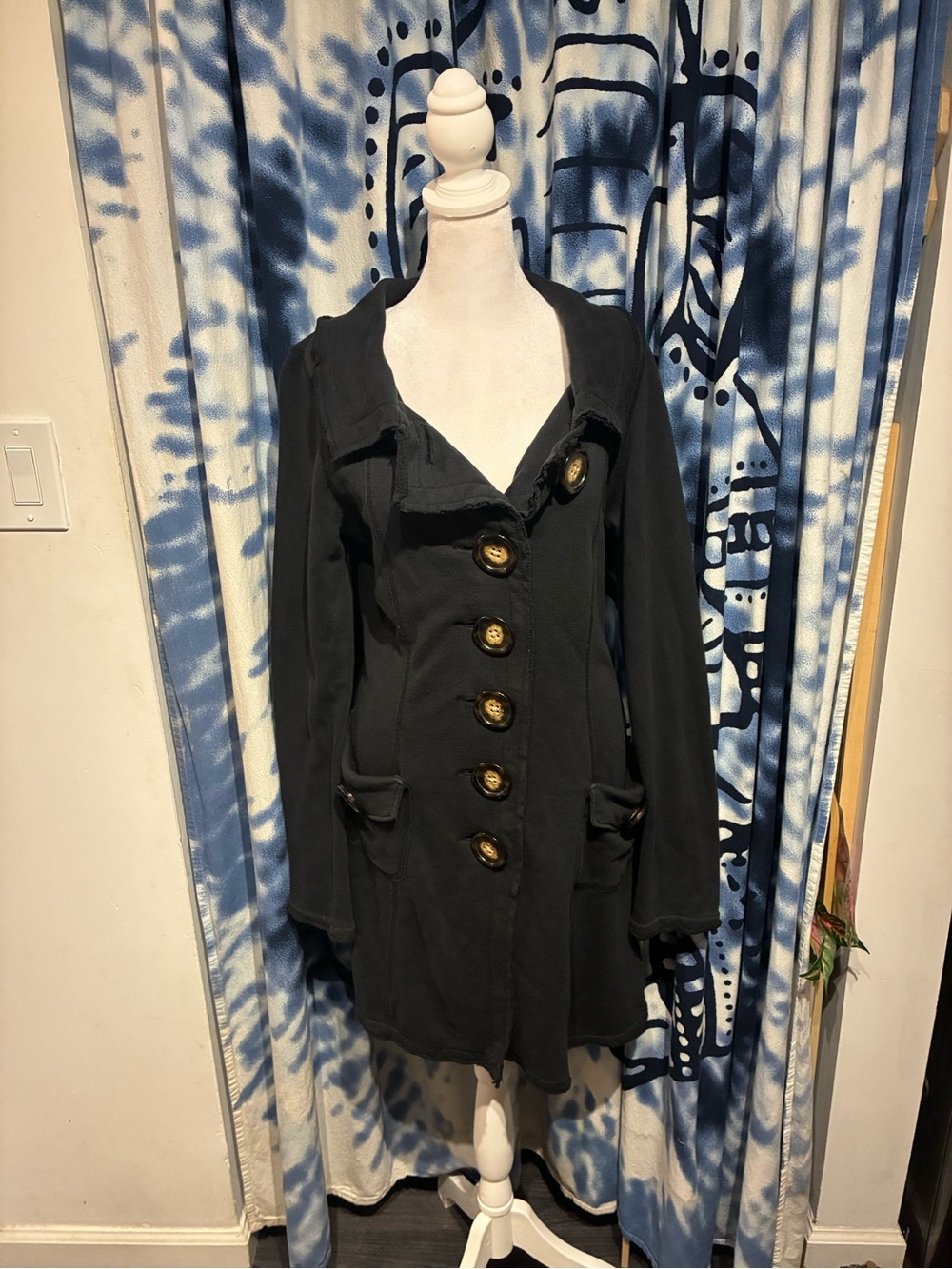 BKE Black Long Pea Coat SWEATER Brown Buttons
